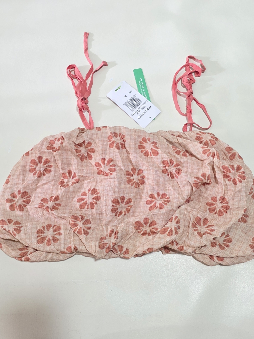 Stitch & Pine Pink and Cream Floral Print Bubble Hem Tie-Strap Crop Top, size M.